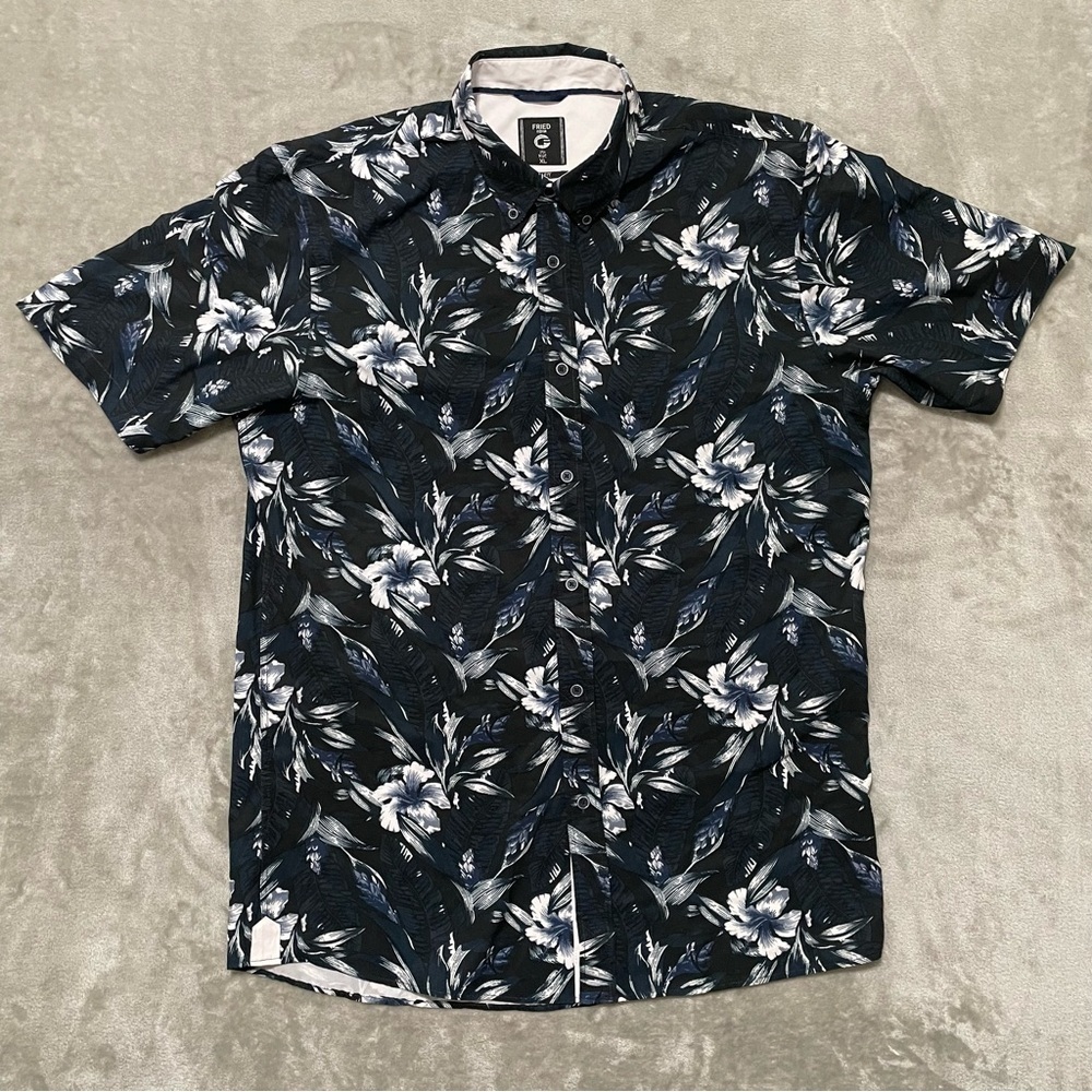 Fried Denim Slim Fit Floral Button Down Shirt Mens Size XL Black Blue